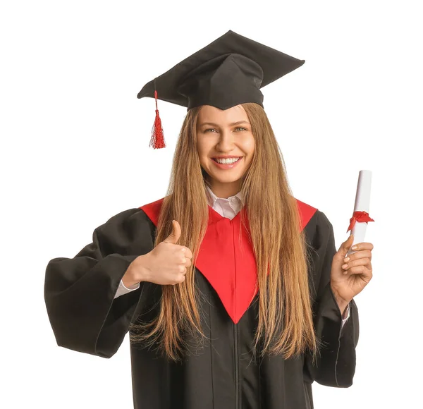 Estudante Graduação Sexo Feminino Com Diploma Mostrando Thumb Fundo Branco — Fotografia de Stock