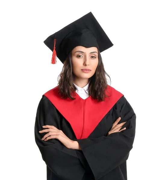 Vrouwelijke Afgestudeerde Student Witte Achtergrond — Stockfoto