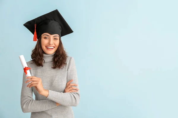 Estudante Graduação Sexo Feminino Com Diploma Fundo Leve — Fotografia de Stock