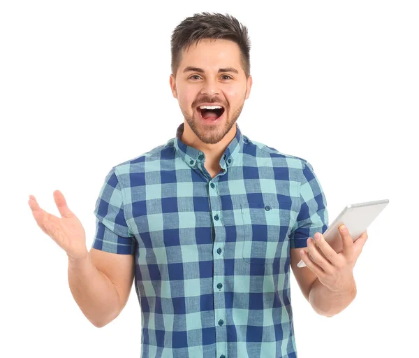Happy Young Man Tablet Computer White Background — Stock Photo, Image