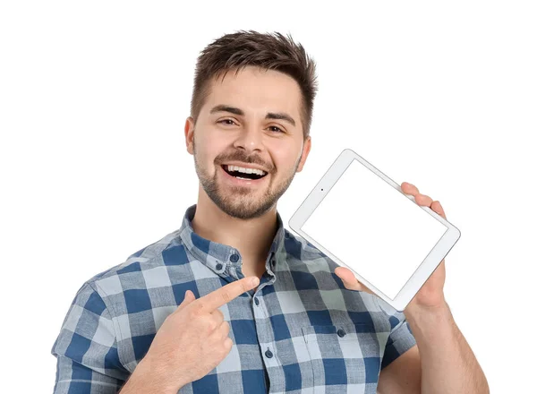 Junger Mann Mit Tablet Computer Auf Weißem Hintergrund — Stockfoto
