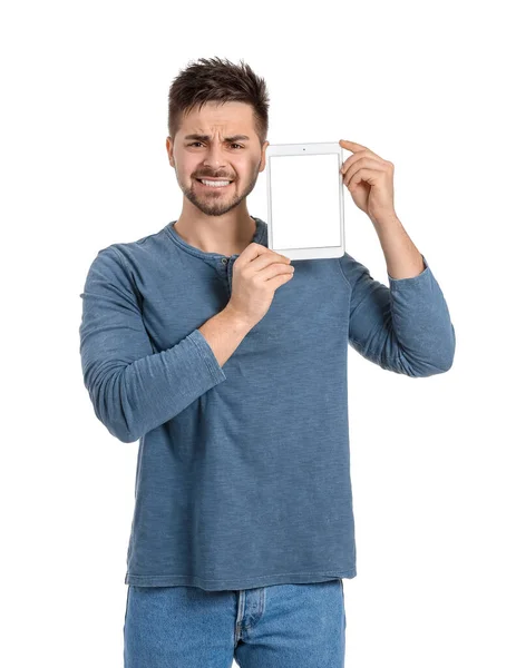 Jovem Com Computador Tablet Sobre Fundo Branco — Fotografia de Stock