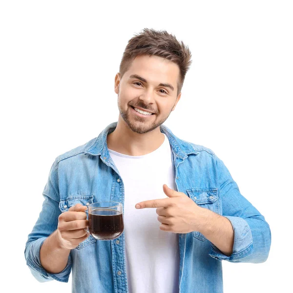 Jovem Com Xícara Café Quente Fundo Branco — Fotografia de Stock