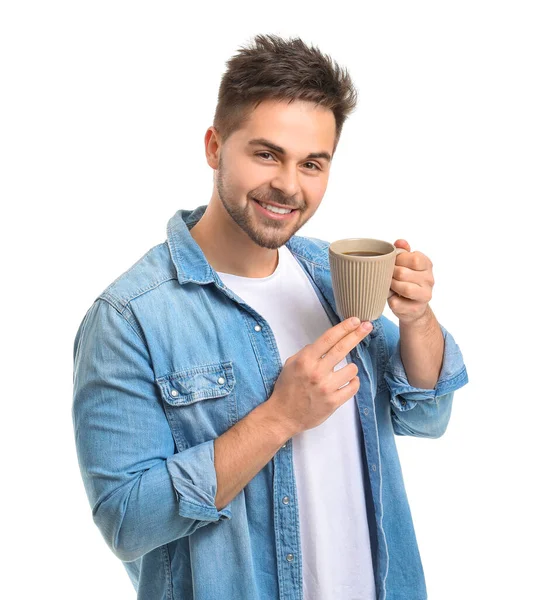 Jovem Com Xícara Café Quente Fundo Branco — Fotografia de Stock