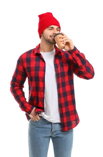 Beyaz Arka Planda Bir Fincan Sıcak Kahveyle Genç Bir Adam — Stok fotoğraf