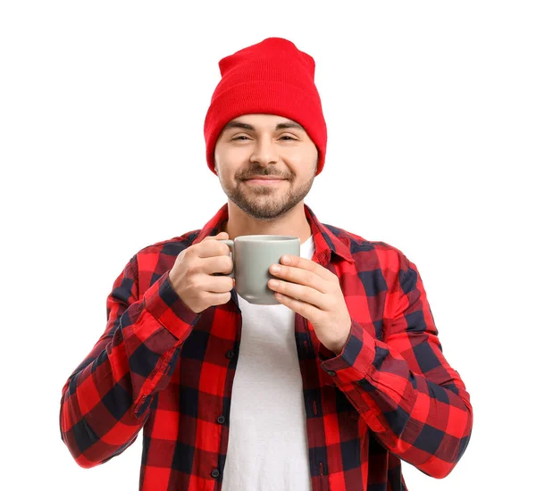 Jovem Com Xícara Café Quente Fundo Branco — Fotografia de Stock