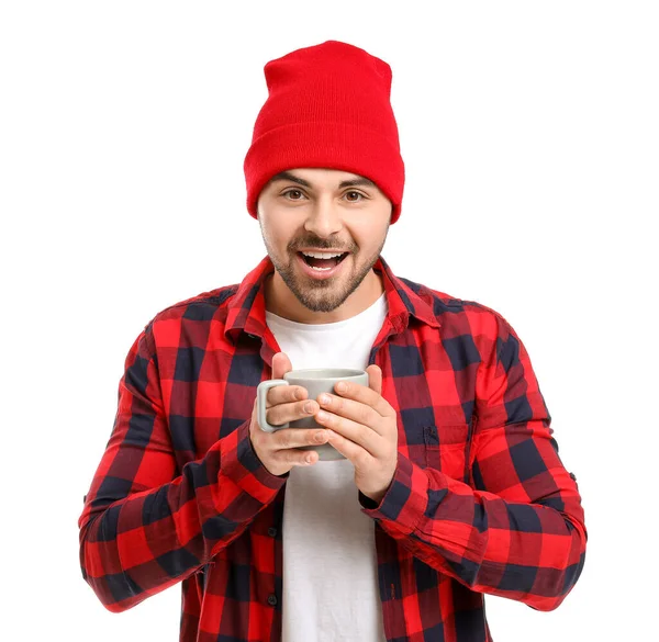 Young Man Cup Hot Coffee White Background — Stock Photo, Image