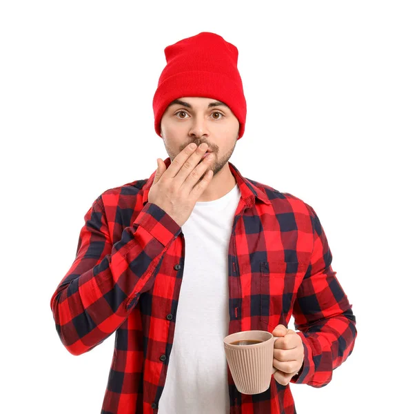 Hombre Sorprendido Con Taza Café Caliente Sobre Fondo Blanco — Foto de Stock