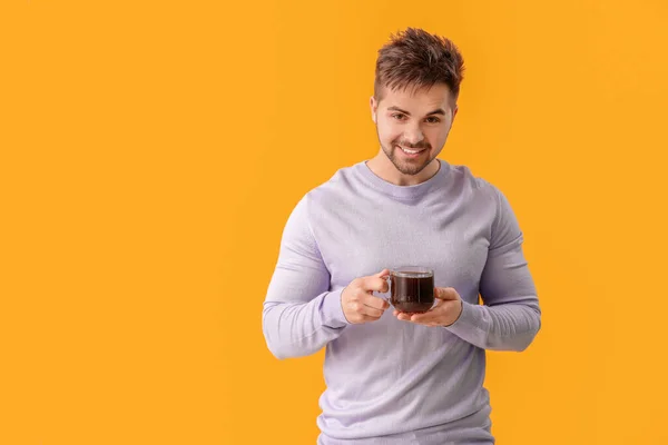 Young Man Cup Hot Coffee Color Background — Stock Photo, Image