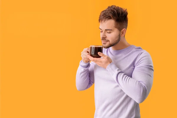 Young Man Cup Hot Coffee Color Background — Stock Photo, Image