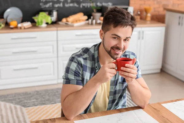 Young Man Drinking Hot Coffee Kitchen — Stock Photo, Image