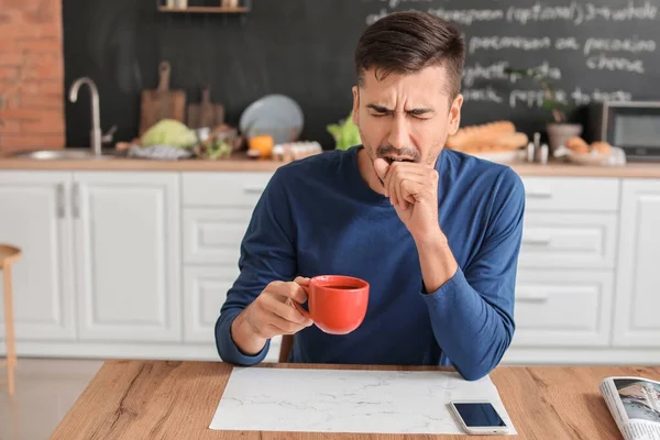 Sleepy Young Man Cup Hot Coffee Kitchen — Stock Photo, Image