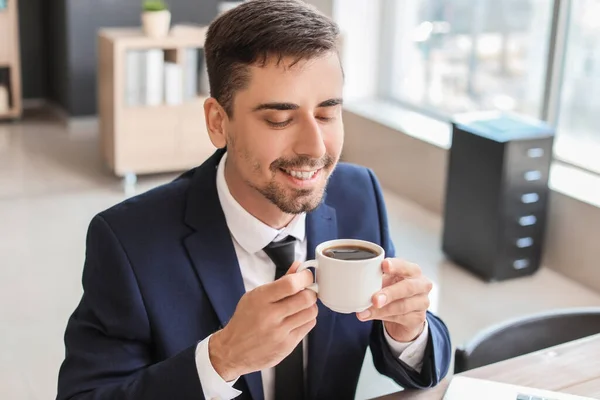 Young Businessman Cup Hot Coffee Office — Stock Photo, Image