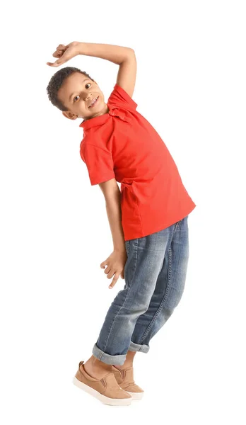 Menino Afro Americano Dançando Contra Fundo Branco — Fotografia de Stock