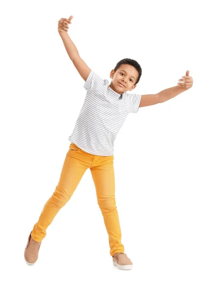 Маленький Афро Американський Хлопчик Танцює Білому Фоні — стокове фото