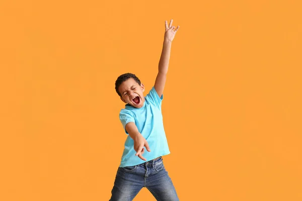 Little African American Boy Dancing Singing Color Background — Stock Photo, Image