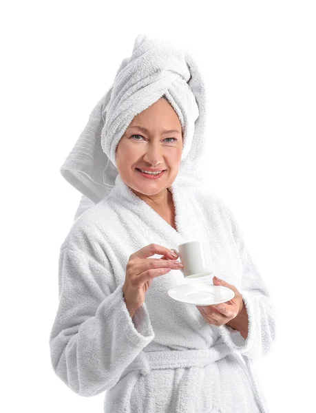 Mature Woman Bathrobe Cup Coffee White Background — Stock Photo, Image