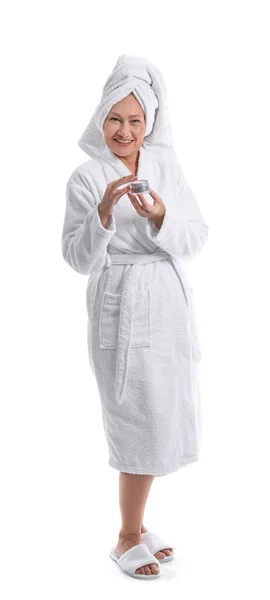 Mature Woman Bathrobe Jar Cream White Background — Stock Photo, Image