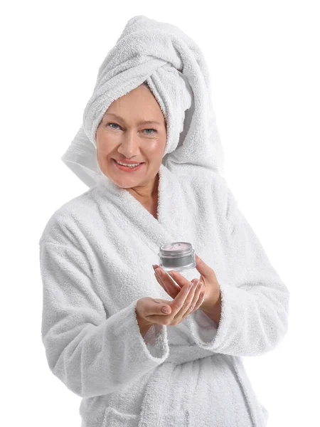 Mature Woman Bathrobe Jar Cream White Background — Stock Photo, Image