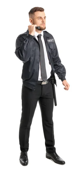 Gardien Sécurité Masculin Avec Lampe Poche Sur Fond Blanc — Photo