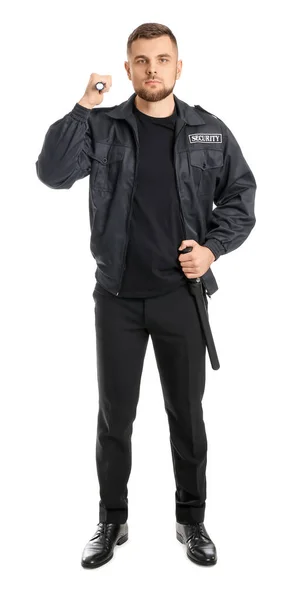 Guardia Sicurezza Maschile Con Torcia Sfondo Bianco — Foto Stock