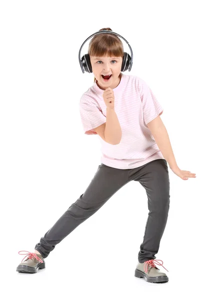 Linda Niña Bailando Escuchando Música Sobre Fondo Blanco — Foto de Stock