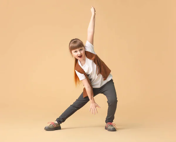 Cute Little Girl Dancing Color Background — Stock Photo, Image