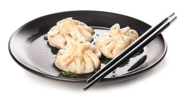 Platta Med Välsmakande Dumplings Vit Bakgrund — Stockfoto