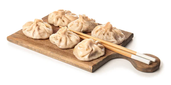 Board Tasty Dumplings White Background — Stock Photo, Image