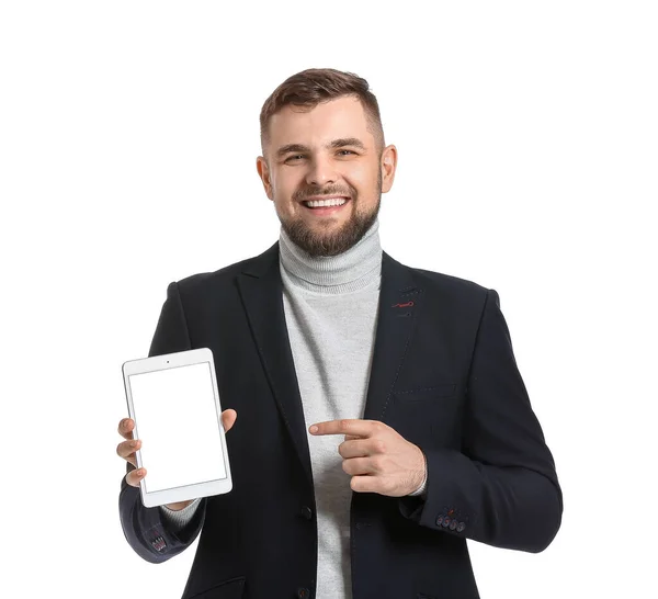 Joven Hombre Negocios Con Tablet Sobre Fondo Blanco —  Fotos de Stock