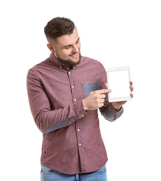 Young man with tablet computer on white background