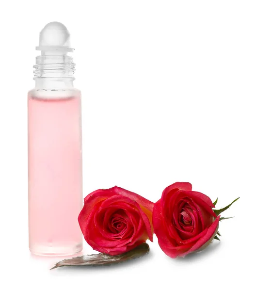 Beyaz Arka Planda Bir Şişe Çiçekli Parfüm — Stok fotoğraf