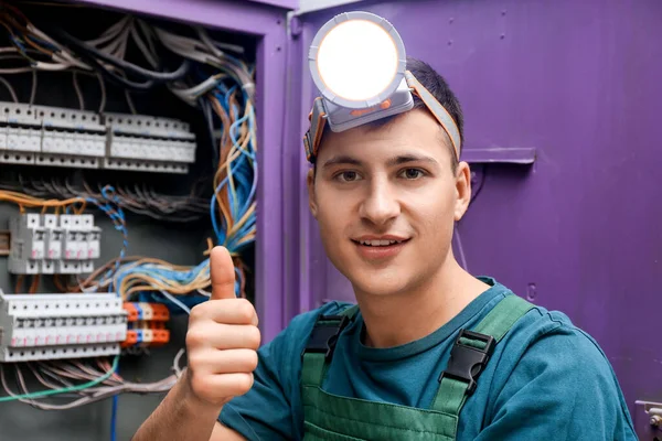 Electricista Masculino Con Linterna Después Reparación Exitosa Placa Distribución — Foto de Stock