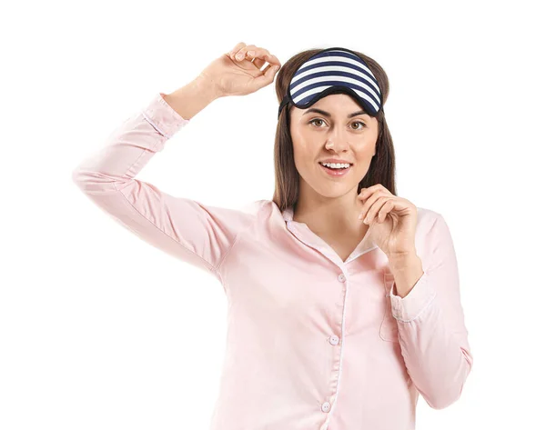 Young Woman Sleep Mask White Background — Stock Photo, Image