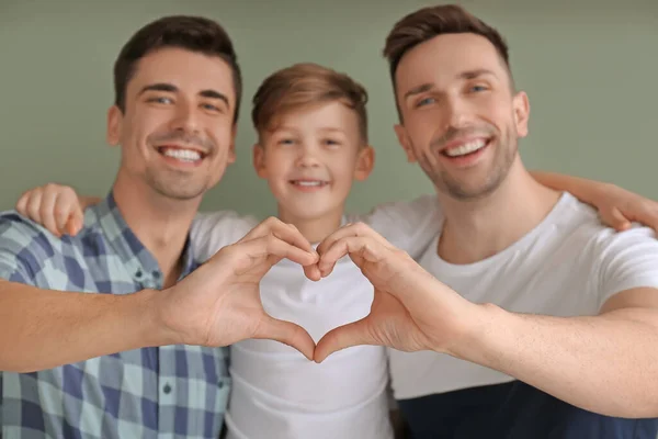 Happy Gay Couple Adopted Child Color Background — Stock Photo, Image