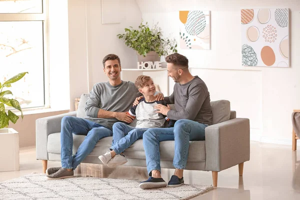 Happy Gay Couple Adopted Child Home — Stock Photo, Image