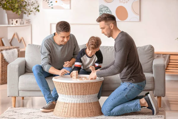 Happy Gay Couple Adopted Child Playing Home — Stock Photo, Image