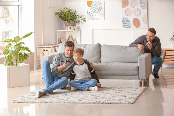 Happy Gay Couple Adopted Child Playing Home — Stock Photo, Image