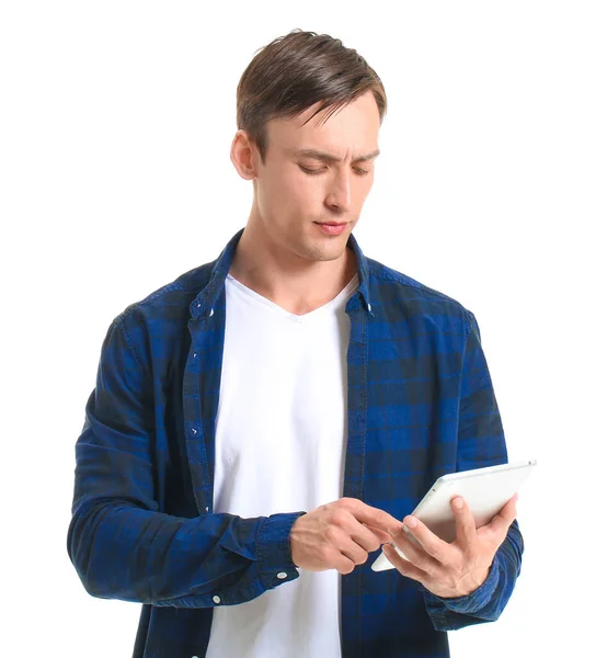 Jeune Homme Avec Ordinateur Tablette Sur Fond Blanc — Photo