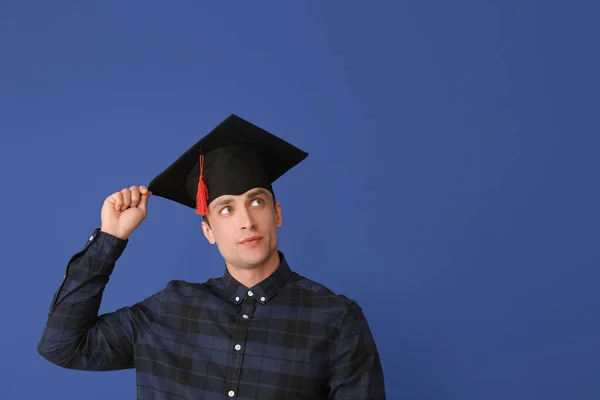 Young Man Graduation Hat Color Background — Stock Photo, Image