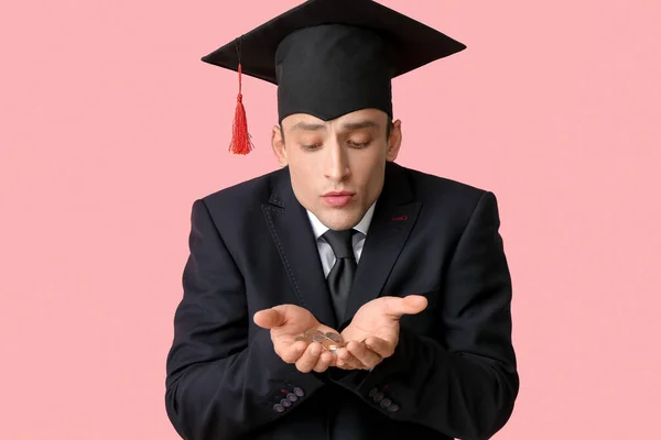 Young Man Graduation Hat Coins Color Background Tuition Fees Concept — Stock Photo, Image