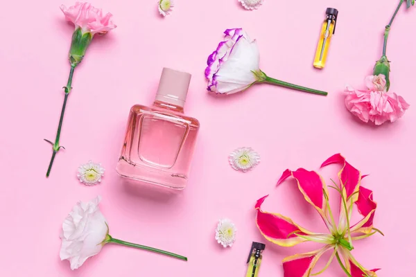 Beautiful Composition Perfume Bottle Color Background — Stock Photo, Image