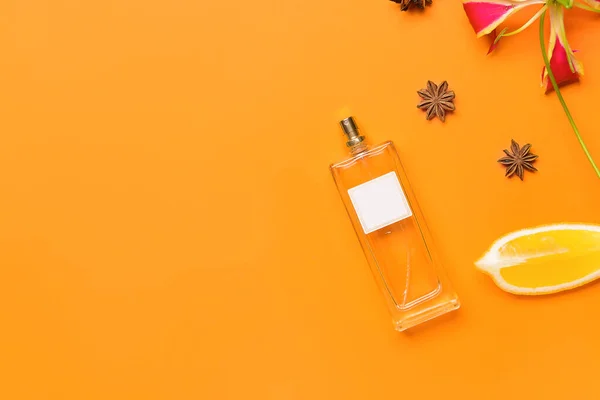 Beautiful Composition Perfume Bottle Color Background — Stock Photo, Image