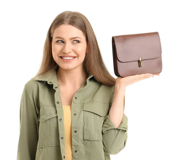 Mooie Vrouw Met Stijlvolle Tas Witte Achtergrond — Stockfoto