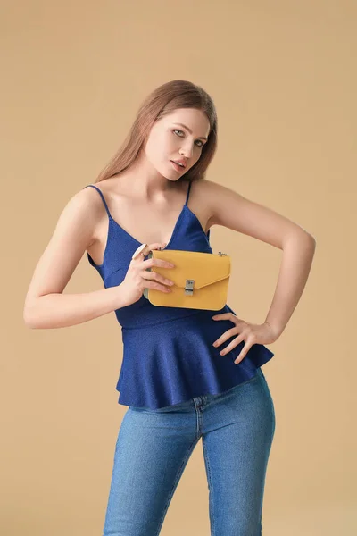 Beautiful Woman Stylish Bag Color Background — Stock Photo, Image