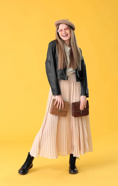 Beautiful Woman Stylish Bags Color Background — Stock Photo, Image