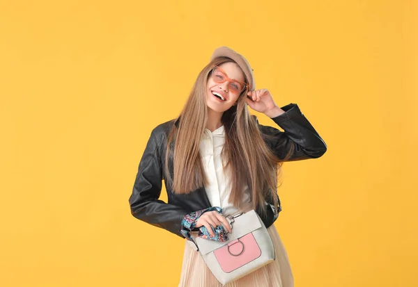 Beautiful Woman Stylish Bag Color Background — Stock Photo, Image