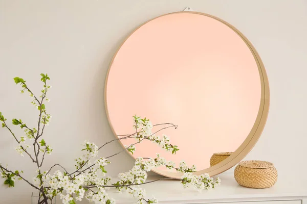 Mirror Blooming Tree Branches Basket Chest Drawers Room — Stock Photo, Image