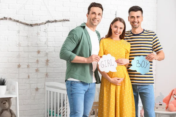 Gay Couple Pregnant Woman Written Words Girl Boy Papers Home — Stock Photo, Image