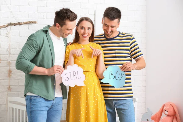 Gay Couple Pregnant Woman Written Words Girl Boy Papers Home — Stock Photo, Image